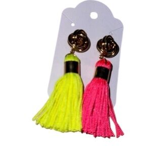 80’s earrings neon pink and yellow highlighter color gold knot fringe cool